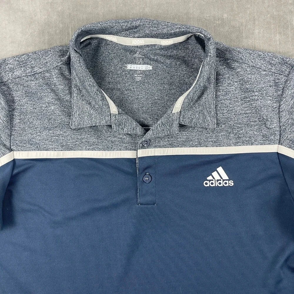 Adidas Mens M Navy Blue Polo Shirt Colorblock Heathered Short Sleeve Golf